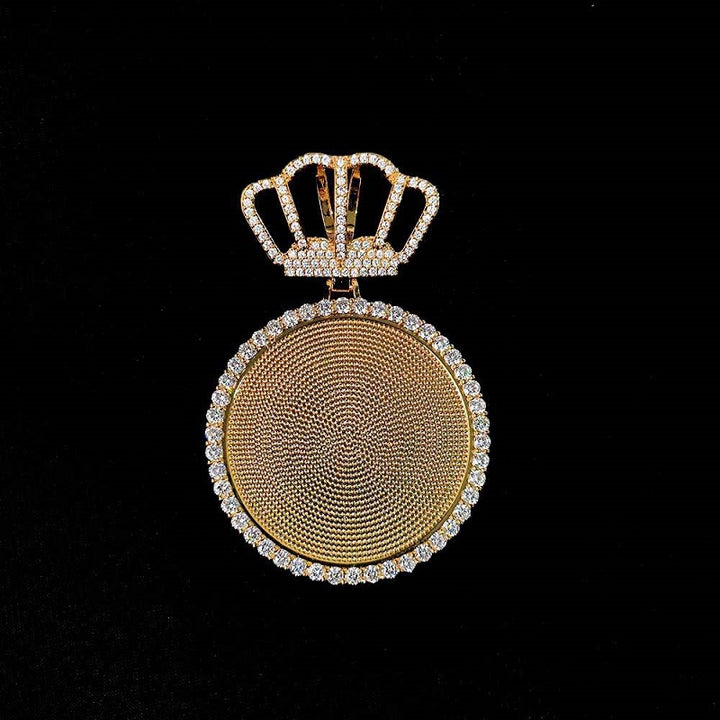 Custom Pendant Crown Buckle Large Circle Photo Frame Pendant Zircon Men round Photo Necklace Wholesale