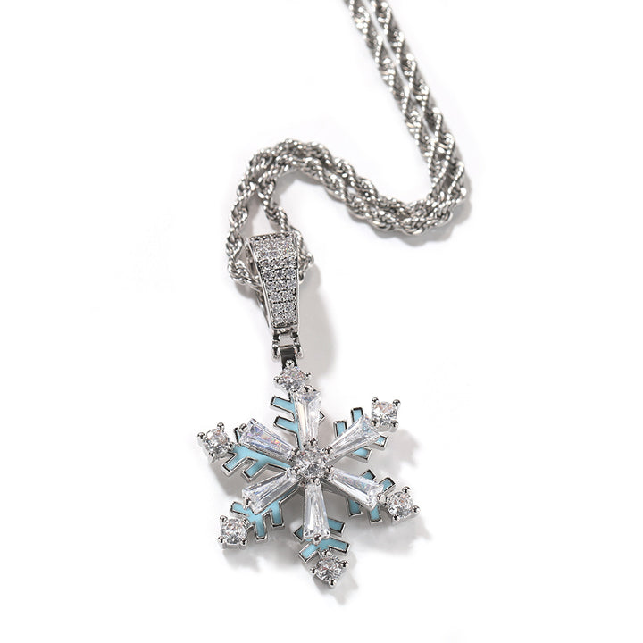 Trendy Enamel Jewelry Accessories -Hop New Winter Rotating Snowflake Luminous Drop Oil Pendant Rotatable Diamond Necklace