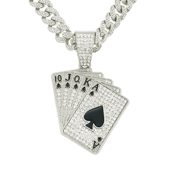 Hip Hop Rap Dance Dazzle Cool Punk Choker Personality Diamond-Encrusted Poker Pendant Necklace Accessory Pendant Necklace