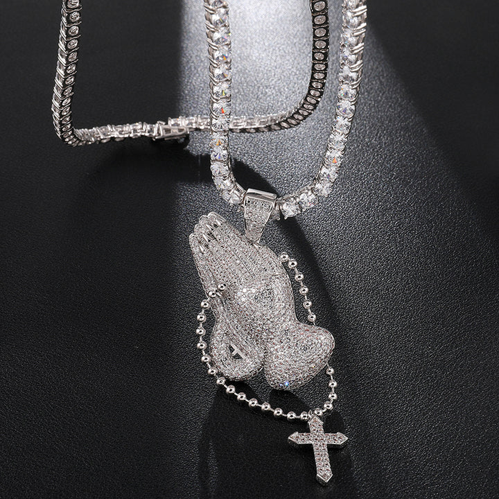Hip Hop Bling Cubic Zirconia Iced Out Praying Hands Cross Necklaces & Pendants for Men Jewelry with Tennis Chain