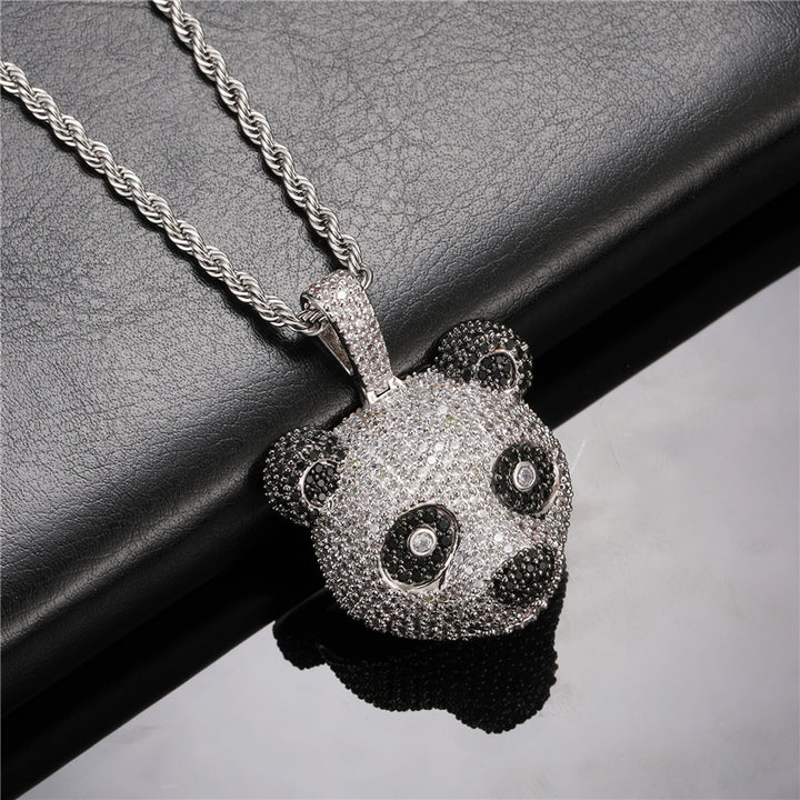 Iced Out Panda Head Pendant Necklaces with Free Rope Chain Solid Back Copper Zircon Unisex Hip Hop Jewelry