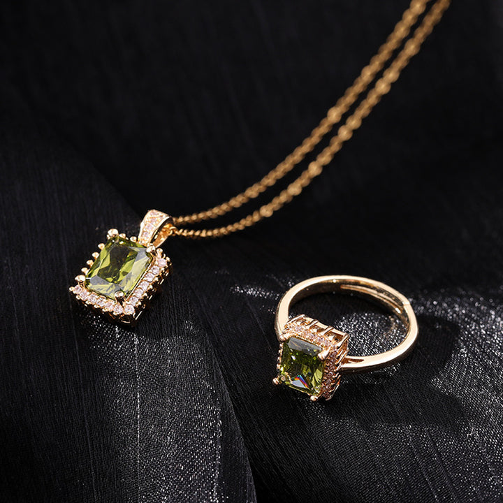 2Pcs Fashion Women Accessories Jewelry Micro Paved Zircon Ladies Geometric Rectangle Gem  Hop Necklace Ring Set