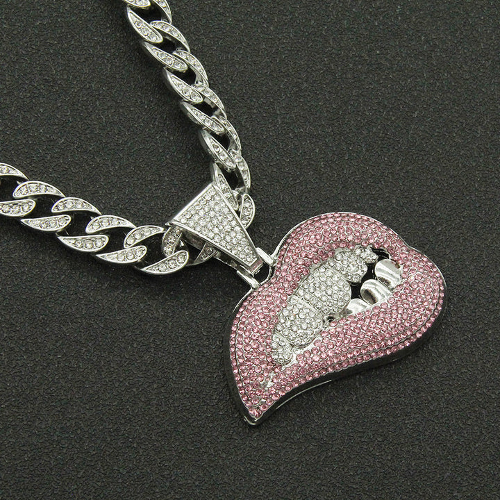 Personality Pink Lip Diamond Teeth Pendant Necklace Men'S Domineering Cool Exaggerated Cuban Chain Accessories Necklace