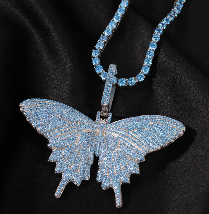 Butterfly Pendant Cuban Chain Tennis Chain Diamond Necklace for Women Party Jewelry Fashion Hip Hop Jewelry Blue Silver Plated