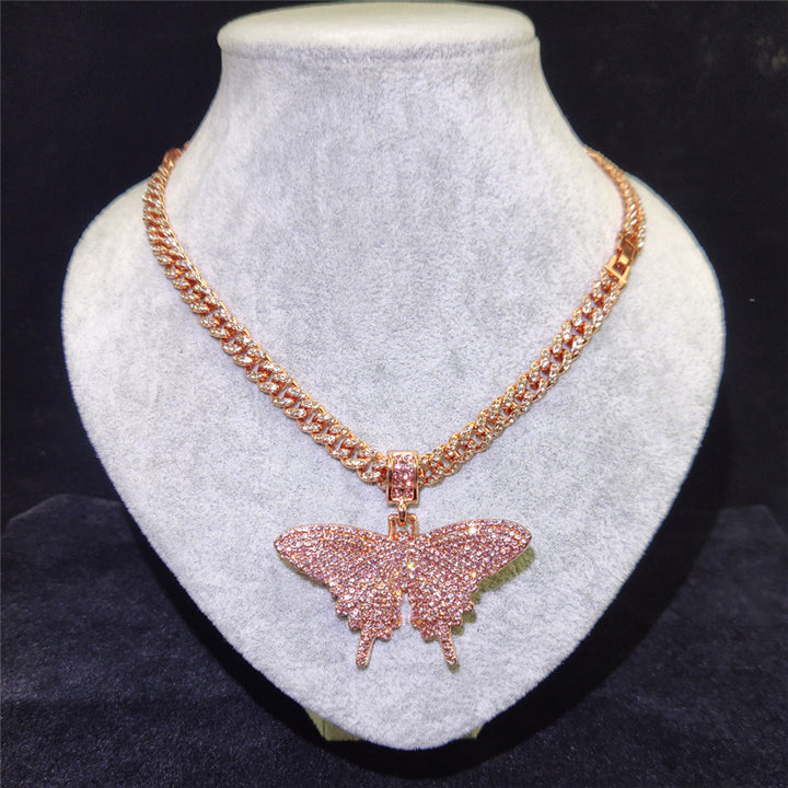 8Mm Iced Out Bling Bling Cuban Chain Butterfly Necklace Rope Chain Butterfly Pendant Necklace