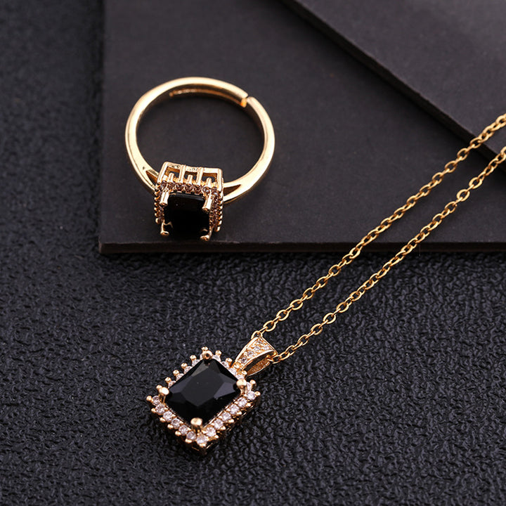 2Pcs Fashion Women Accessories Jewelry Micro Paved Zircon Ladies Geometric Rectangle Gem  Hop Necklace Ring Set