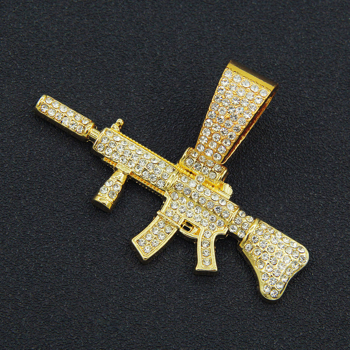 Hot New Stereo Diamond-Encrusted Gun Pendant Cuban Necklace European and American Men Cool Domineering Wear Choker Necklace