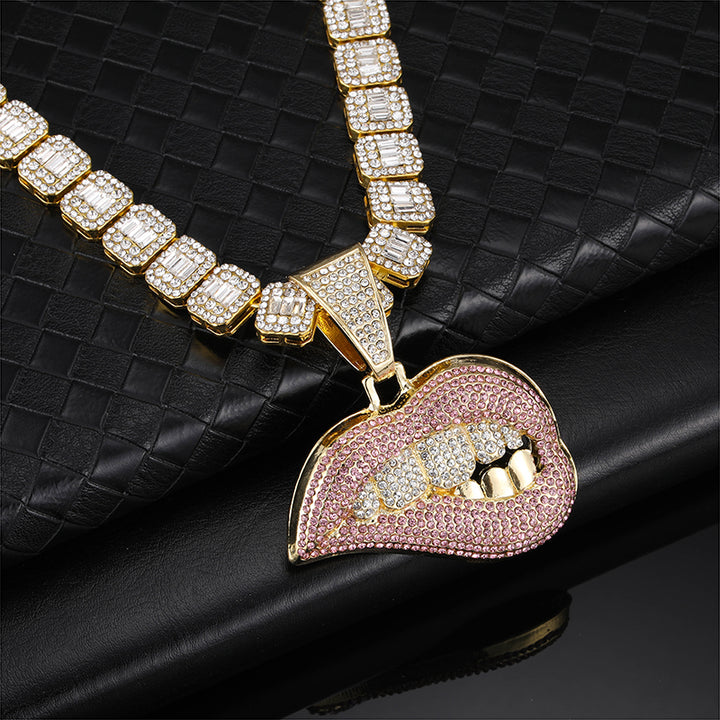 Personality Pink Lip Diamond Teeth Pendant Necklace Men'S Domineering Cool Exaggerated Cuban Chain Accessories Necklace