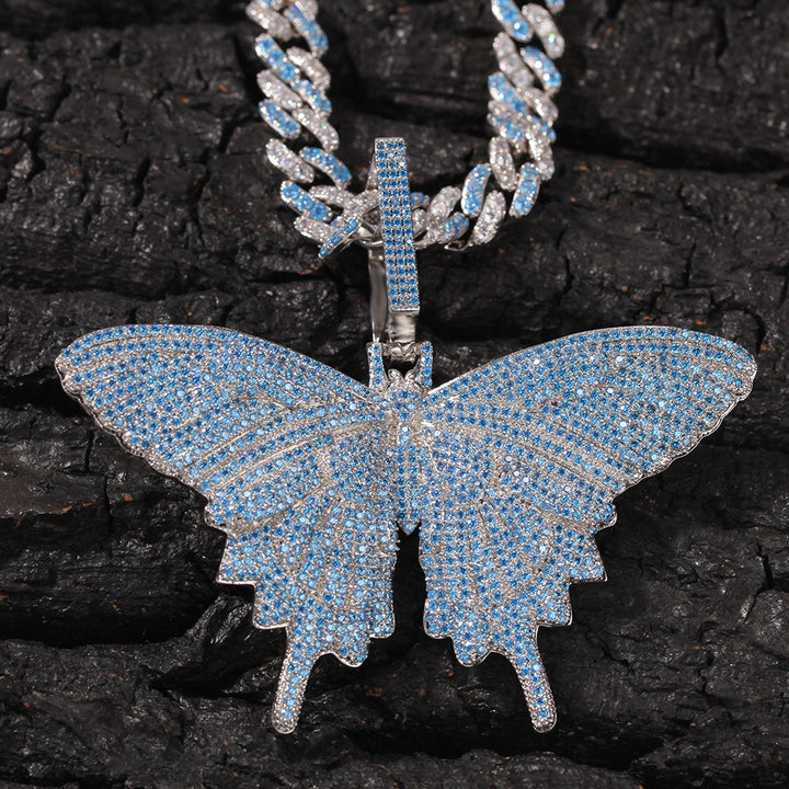 Butterfly Pendant Cuban Chain Tennis Chain Diamond Necklace for Women Party Jewelry Fashion Hip Hop Jewelry Blue Silver Plated