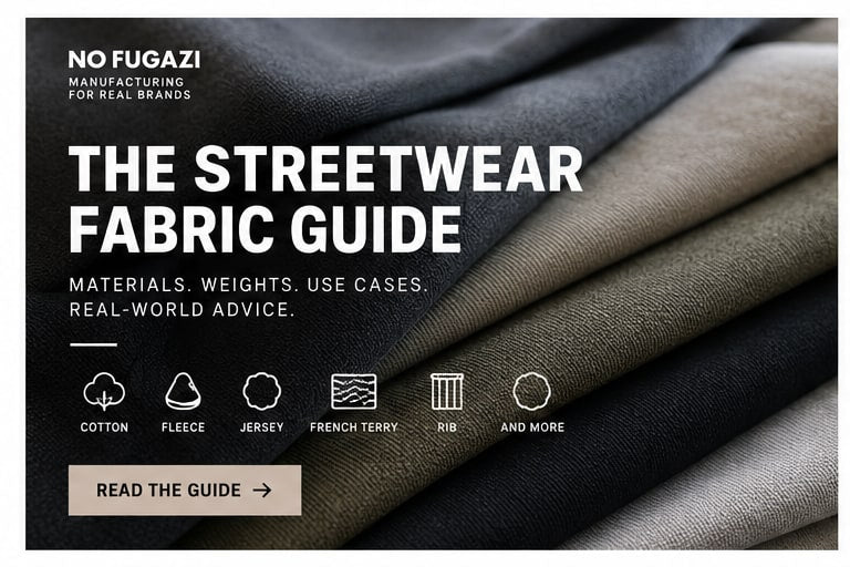 Folded lengths of fleece, jersey and rib in black, olive and stone, with icons for cotton, fleece, jersey, French terry and rib.