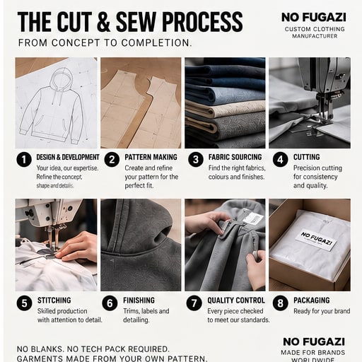 Eight-stage cut and sew process: design and development, pattern making, fabric sourcing, cutting, stitching, finishing, quality control and packaging, each illustrated with a production photograph.
