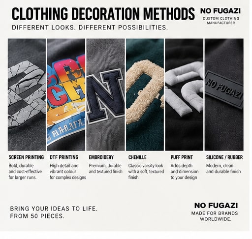 Six garment decoration methods shown as close-ups on fabric: screen printing, DTF printing, embroidery, chenille, puff print and silicone badges.