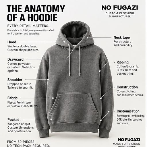 Labelled hoodie diagram identifying the hood, drawcord, shoulder, fabric, pocket, neck tape, ribbing, seam construction and customisation options.