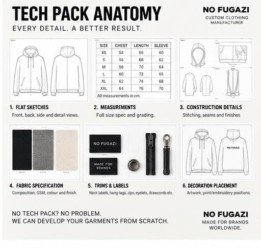 The six parts of a tech pack: flat sketches, a measurement chart, construction details, fabric specification, trims and labels, and decoration placement.