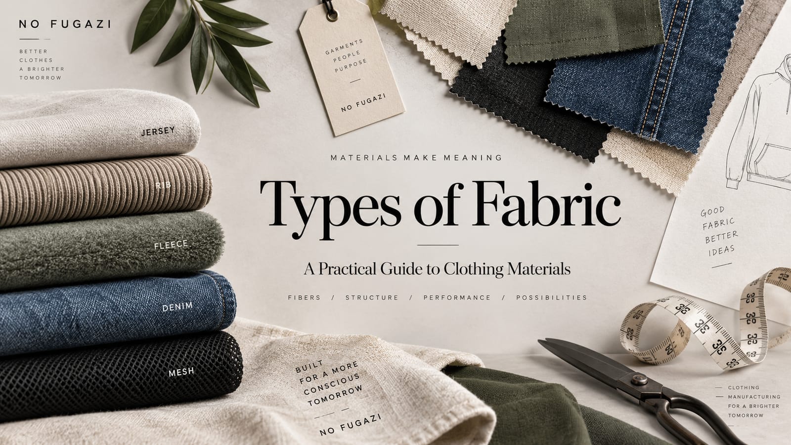 Folded stacks of jersey, rib, fleece, denim and mesh beside a fan of fabric swatches, a tape measure and a pair of shears on a pale linen surface.