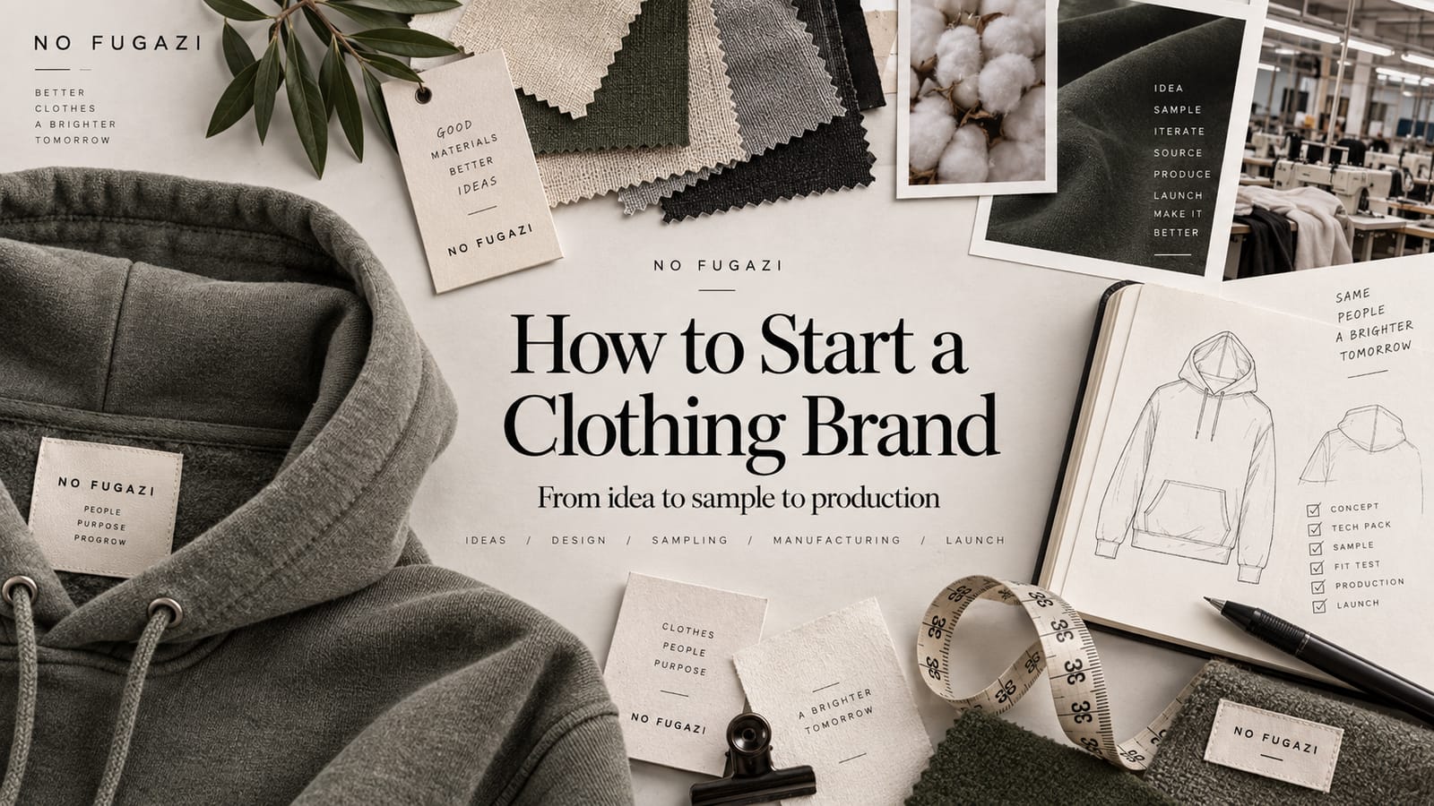A grey hoodie, fabric swatches, woven labels and a sketchbook open at a hoodie drawing, with a photograph of a factory floor pinned above.