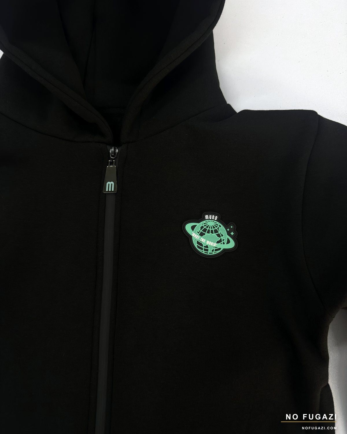 Black zip-through hoodie with a small embroidered chest mark